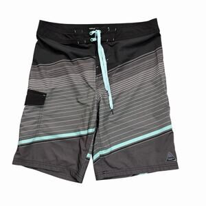 Trinity Boardshorts Men’s 34 Gray Black Aqua Striped Swim Surf Shorts Pocket
